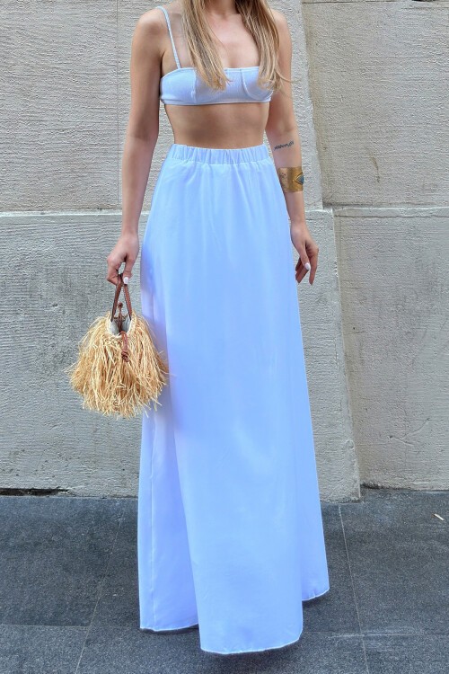 Beyaz Beli Lastikli Astarlı Maxi Boy Etek