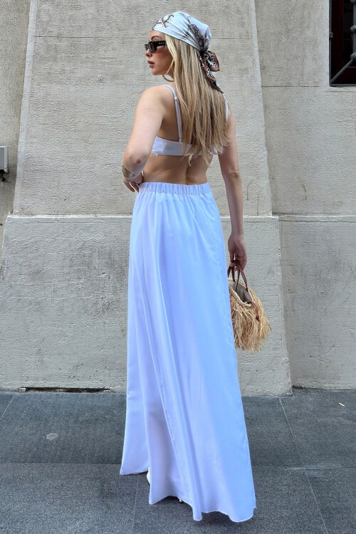 Beyaz Beli Lastikli Astarlı Maxi Boy Etek