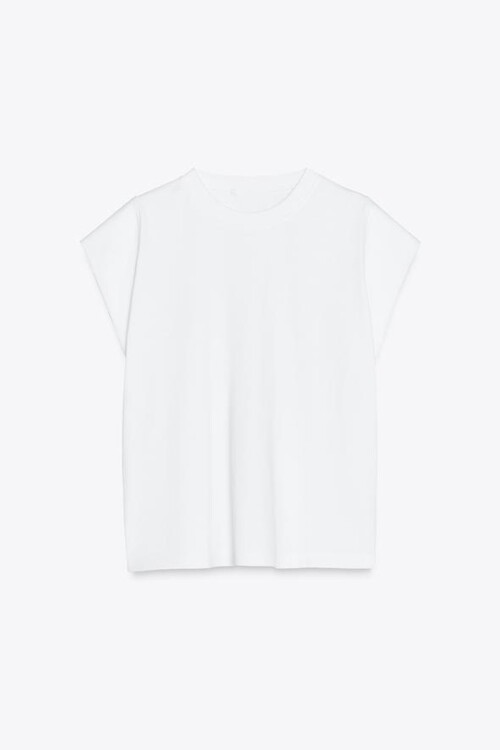 Beyaz Bisiklet Yaka Omuzları Vatkalı Kolsuz T-Shırt