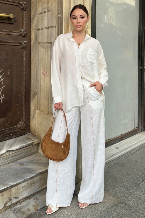 Beyaz Çoban Dikişli Çift Cepli Pantolon