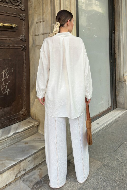 Beyaz Çoban Dikişli Çift Cepli Pantolon