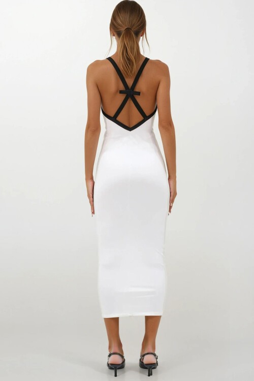 Beyaz İnce İp Askılı Kolsuz Midi Boy Elbise