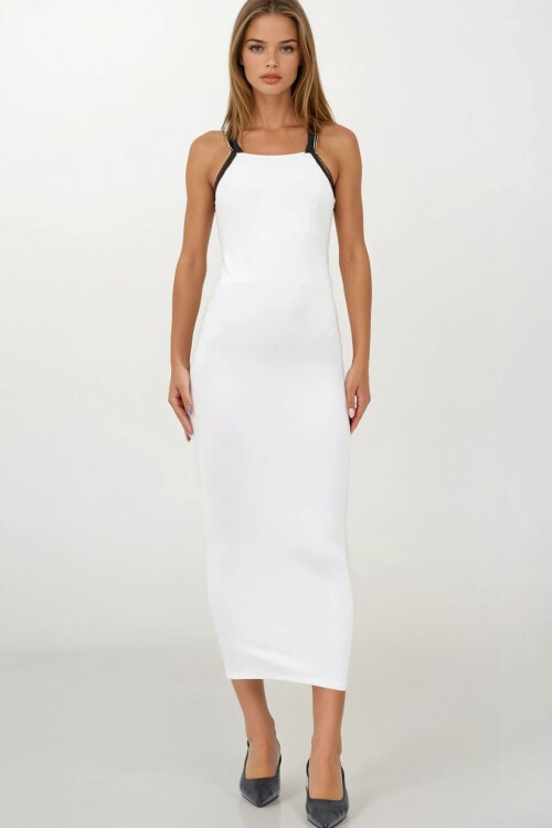 Beyaz İnce İp Askılı Kolsuz Midi Boy Elbise