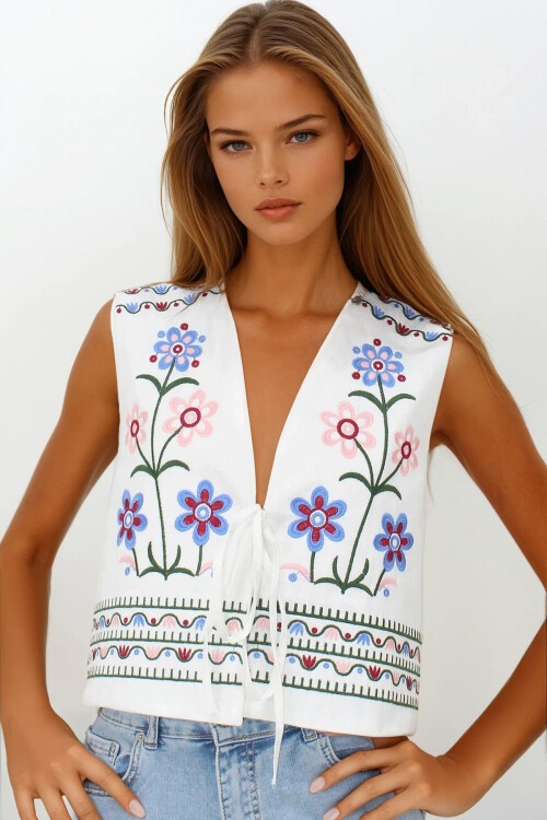 Beyaz Nakışlı Bağcık Detaylı Tasarım Ham Keten Yelek