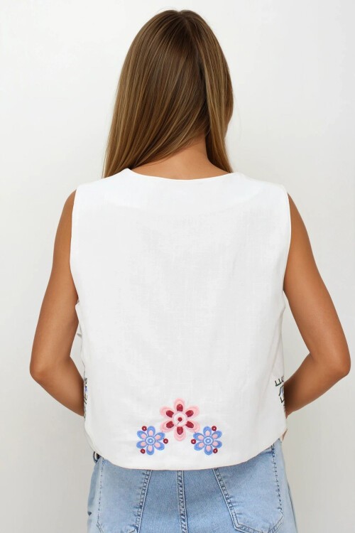 Beyaz Nakışlı Bağcık Detaylı Tasarım Ham Keten Yelek