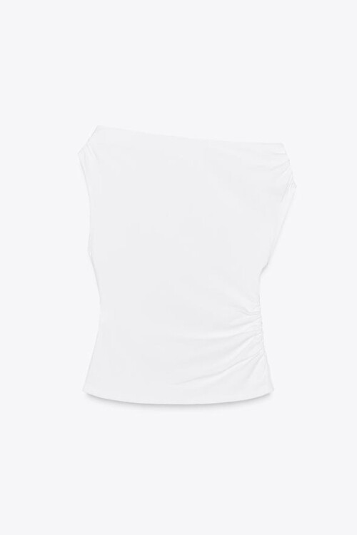 Beyaz Omuzu Büzgülü Viscon Örme Bluz