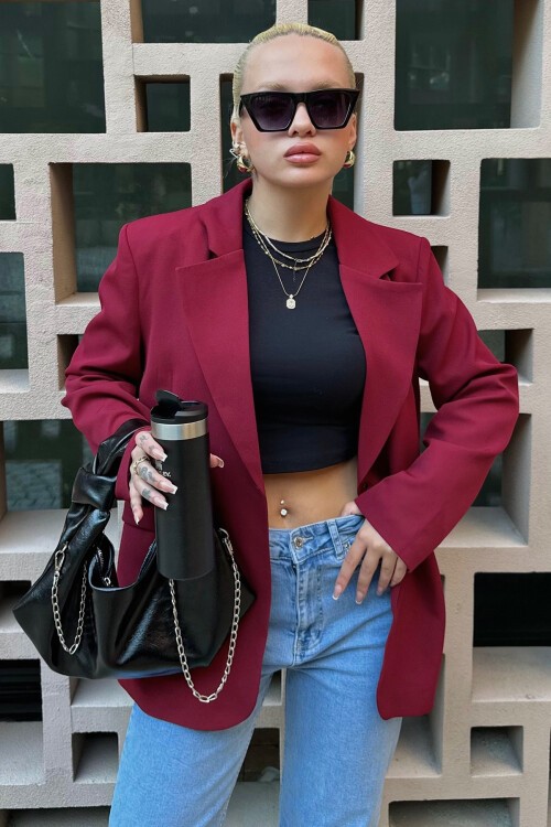 Bordo İçi Astarlı Düğme Kapamalı Blazer Ceket
