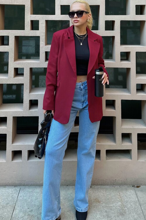 Bordo İçi Astarlı Düğme Kapamalı Blazer Ceket