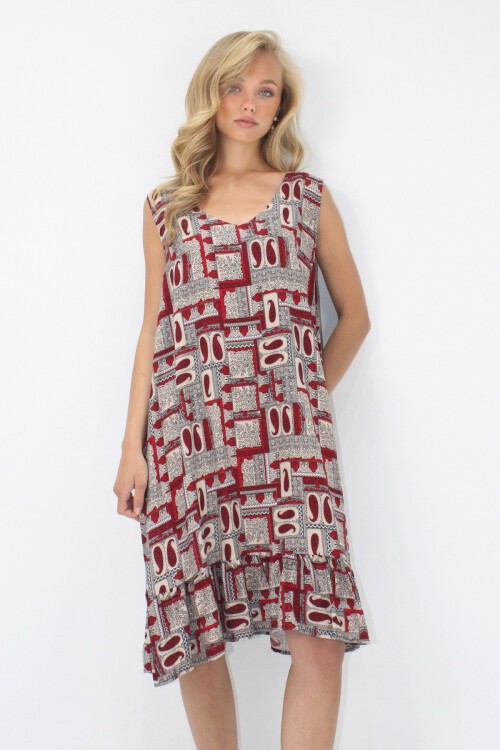 Bordo V Yaka Eteği Fırfırlı A Form Dokuma Viskon Rahat Kalıp Elbise