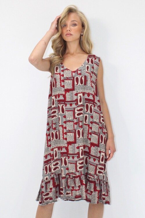 Bordo V Yaka Eteği Fırfırlı A Form Dokuma Viskon Rahat Kalıp Elbise