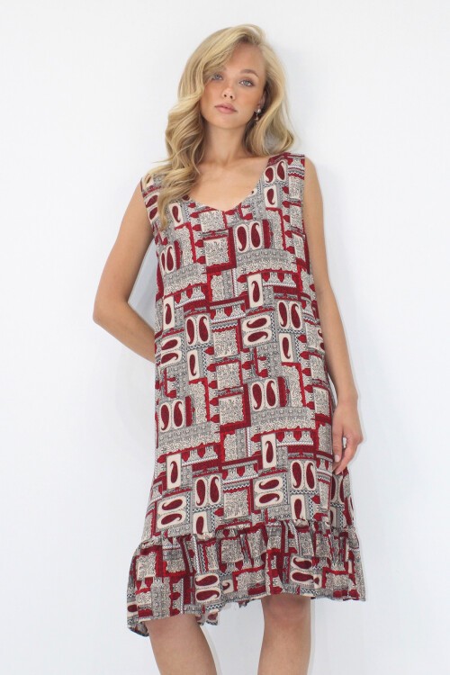 Bordo V Yaka Eteği Fırfırlı A Form Dokuma Viskon Rahat Kalıp Elbise