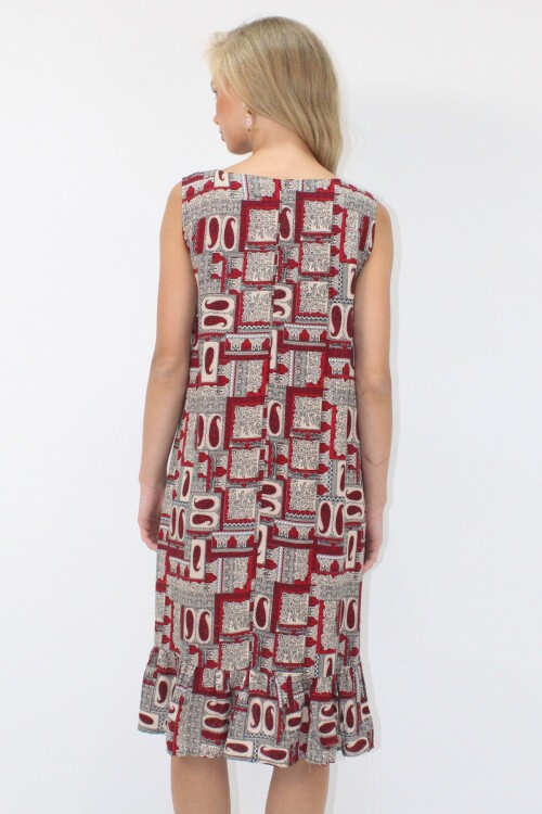 Bordo V Yaka Eteği Fırfırlı A Form Dokuma Viskon Rahat Kalıp Elbise