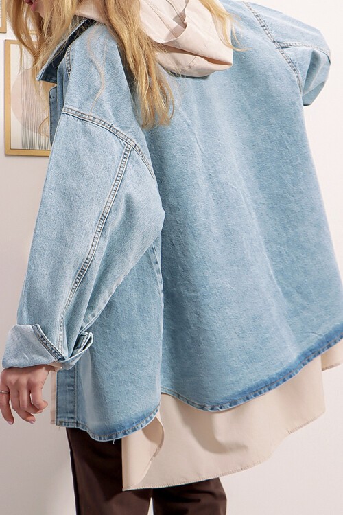 Buz Mavi Çift Cepli Yıkamalı Oversize Denim Ceket