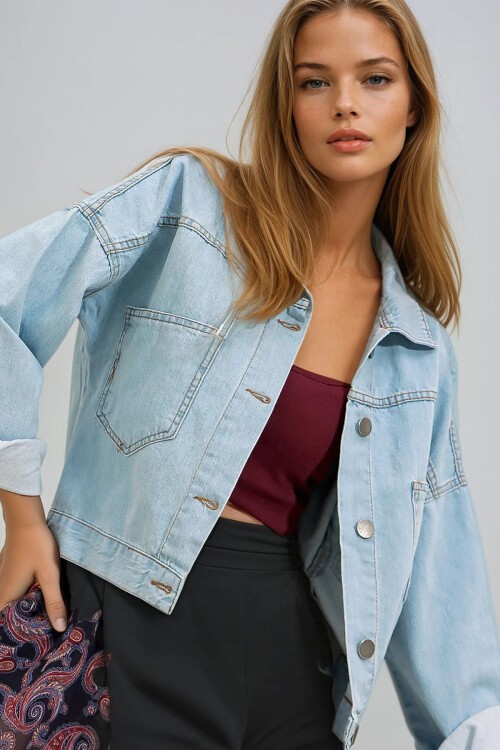 Buz Mavi Crop Denim Ceket
