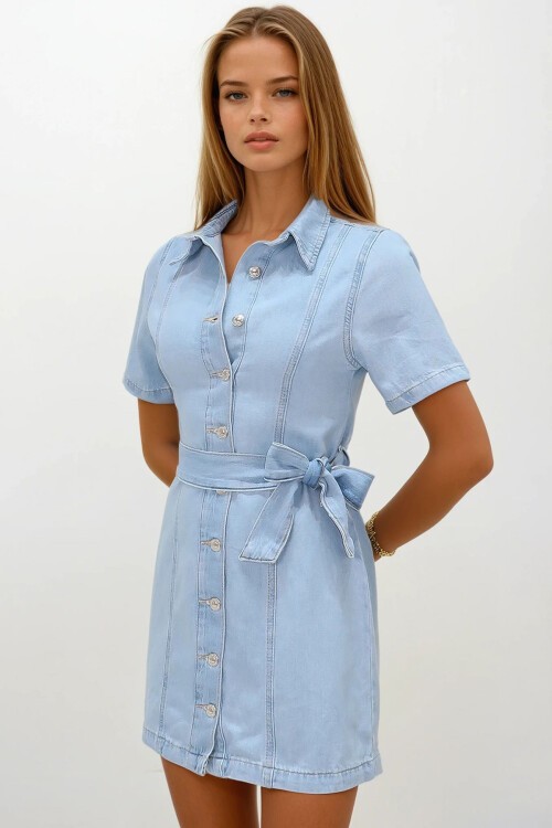 Buz Mavi Düğme Kapamalı Kuşaklı Jean Elbise