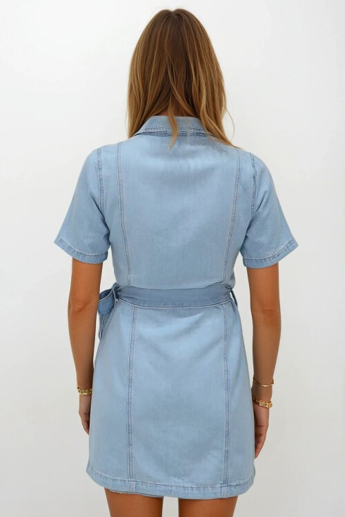 Buz Mavi Düğme Kapamalı Kuşaklı Jean Elbise