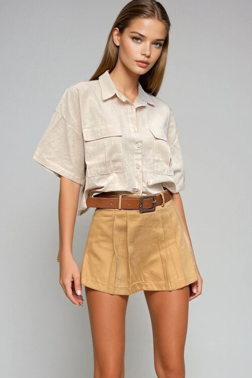 Camel Beli Kemerli Pileli Gabardin Şort Etek