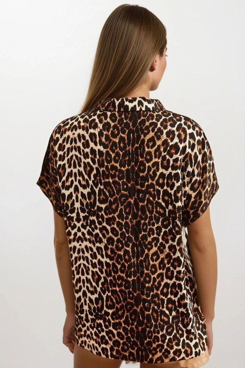 Leopar Çiçekli Viskon Yarasa Gömlek