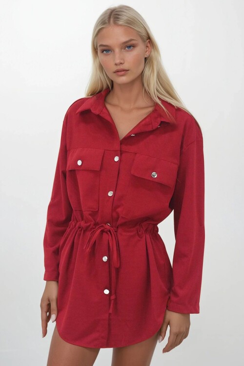 Bordo Çift Cepli Belden Bağlamalı Aerobin Safari Gömlek