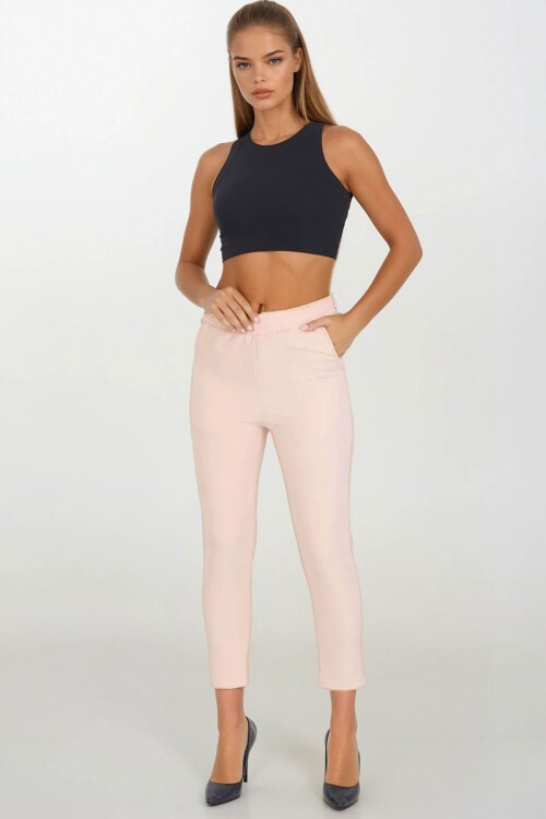 Bej Çift Cepli Beli Lastikli Havuç Pantolon