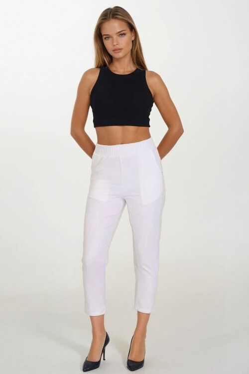 Beyaz Çift Cepli Beli Lastikli Havuç Pantolon