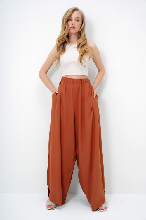 Kiremit Çift Cepli Dökümlü Bol Kesim Dokuma Pantolon