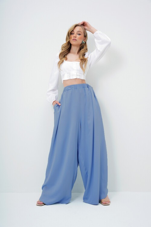 Havacı Mavi Çift Cepli Dökümlü Bol Kesim Dokuma Pantolon