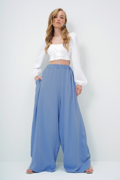 Havacı Mavi Çift Cepli Dökümlü Bol Kesim Dokuma Pantolon