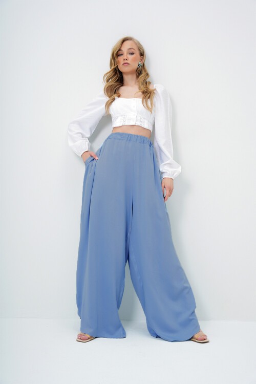 Havacı Mavi Çift Cepli Dökümlü Bol Kesim Dokuma Pantolon