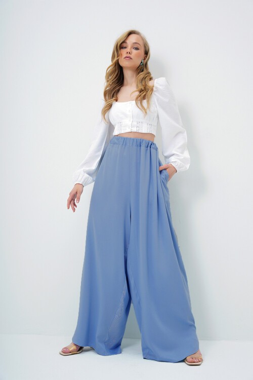 Havacı Mavi Çift Cepli Dökümlü Bol Kesim Dokuma Pantolon