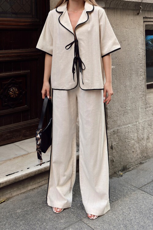 Ekru Bağlamalı Gömlek Yaka Bluz Ve Pantolon Takım