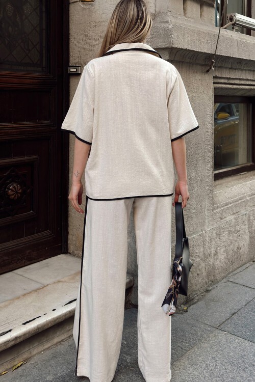 Ekru Bağlamalı Gömlek Yaka Bluz Ve Pantolon Takım