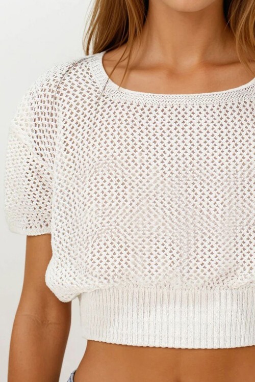 Ekru Beli Gipeli Ajurlu Crop Bluz