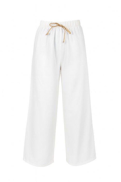Ekru Beli Lastikli Bağcıklı Keten Palazzo Pantolon