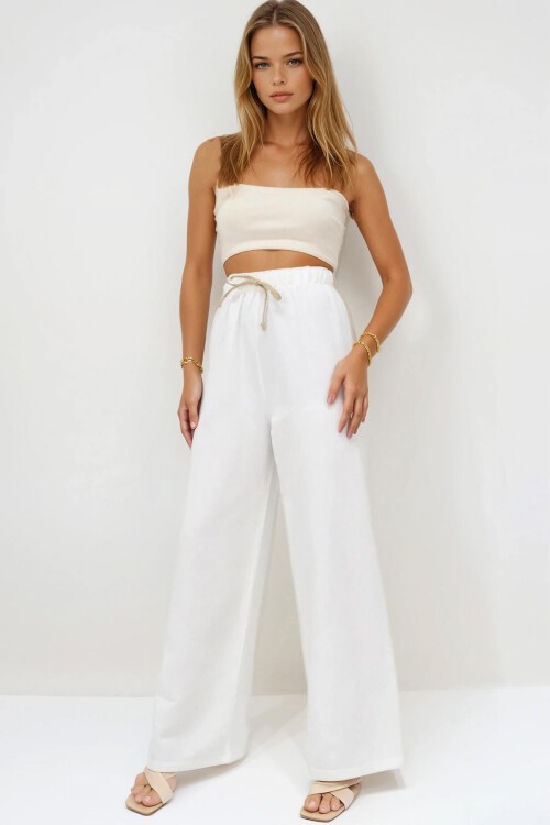 Ekru Beli Lastikli Bağcıklı Keten Palazzo Pantolon
