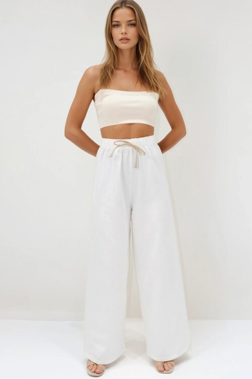 Ekru Beli Lastikli Bağcıklı Keten Palazzo Pantolon