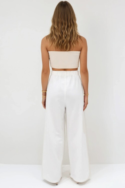 Ekru Beli Lastikli Bağcıklı Keten Palazzo Pantolon