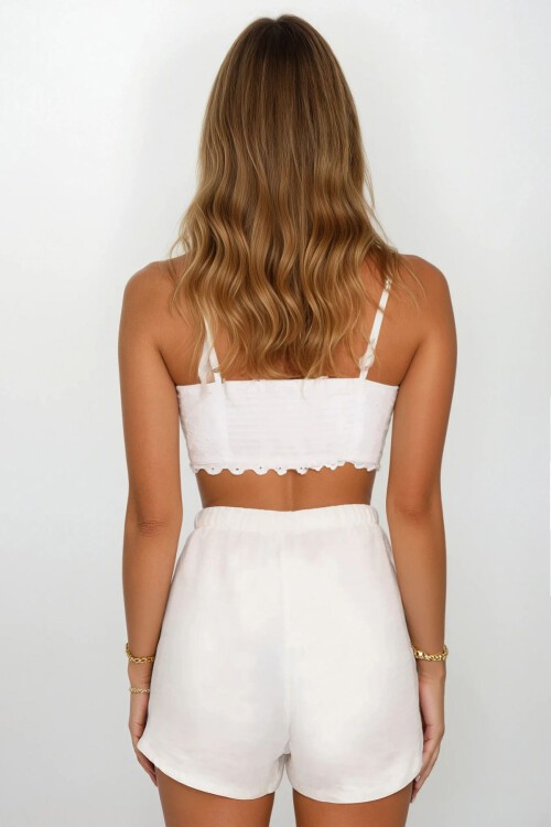 Ekru Beli Lastikli Bağlama Detaylı Kapaklı Müslin Şort Etek