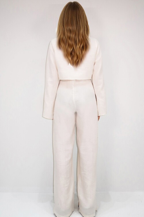 Ekru Beli Lastikli Çift Cepli Yırtmaç Detaylı Pantolon Ve Bağlama Detaylı Crop Bluz Müslin Takım