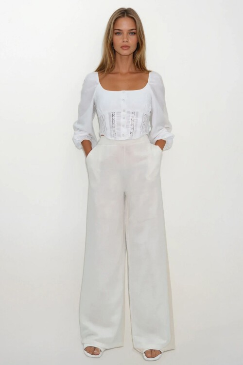 Ekru Çift Cepli Beli Lastikli Müslin Palazzo Pantolon