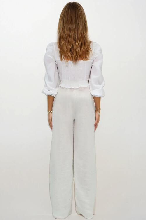 Ekru Çift Cepli Beli Lastikli Müslin Palazzo Pantolon