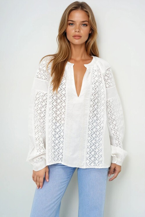 Ekru Derin V Yaka Nakış Ve Güpür Detaylı Balon Kol Keten Bluz