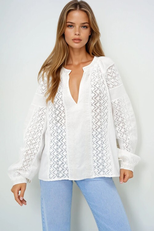 Ekru Derin V Yaka Nakış Ve Güpür Detaylı Balon Kol Keten Bluz