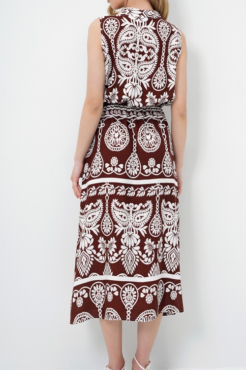 Ekru Kahve Hakim Yaka Önü Düğmeli Sıfır Kol Dokuma Yazlık Elbise