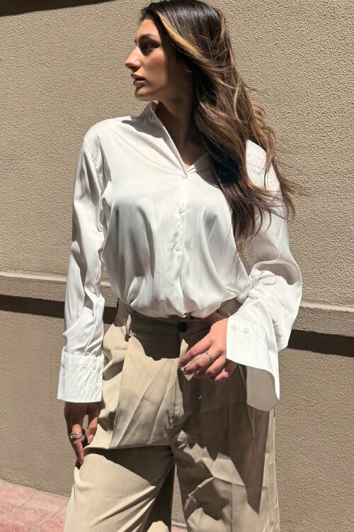Ekru Oversize Saten Gömlek