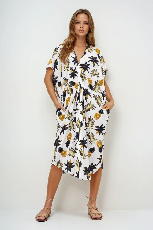 Ekru Sarı V Yaka Desenli Yazlık Maxi Boy Dokuma Elbise