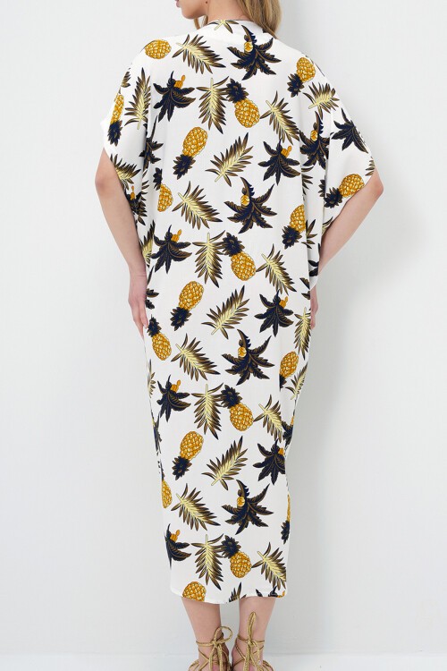 Ekru Sarı V Yaka Desenli Yazlık Maxi Boy Dokuma Elbise