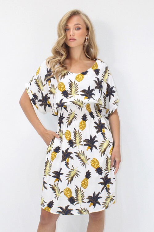 Ekru V Yaka Çift Cepli Desenli Beli Gipeli Dokuma Viskon Elbise