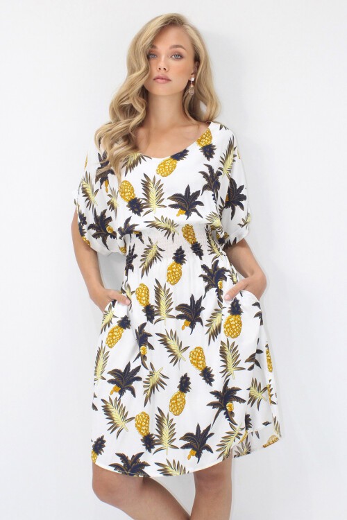 Ekru V Yaka Çift Cepli Desenli Beli Gipeli Dokuma Viskon Elbise