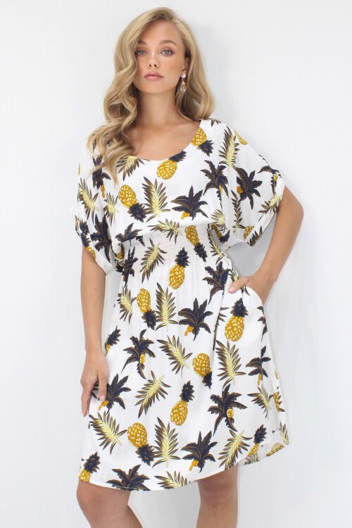 Ekru V Yaka Çift Cepli Desenli Beli Gipeli Dokuma Viskon Elbise